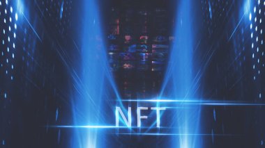 Kolaj NFT jetonuyla imzalandı. Soyut NFT kolajı. İLK 5000 GÜN İLK. Dijital sanat, üç boyutlu çizimler. NFT kavramı, ışık ışınları, mavi neon. 