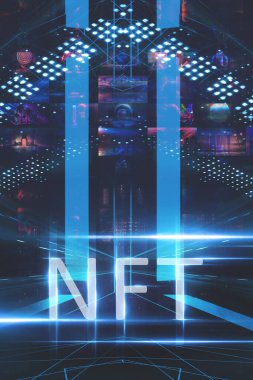 Kolaj NFT jetonuyla imzalandı. Soyut NFT kolajı. İLK 5000 GÜN İLK. Dijital sanat, üç boyutlu çizimler. NFT kavramı, ışık ışınları, mavi neon. 