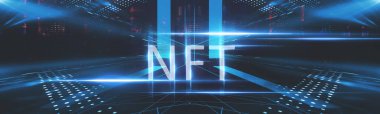 Kolaj NFT jetonuyla imzalandı. Soyut NFT kolajı. İLK 5000 GÜN İLK. Dijital sanat, üç boyutlu çizimler. NFT kavramı, ışık ışınları, mavi neon. 