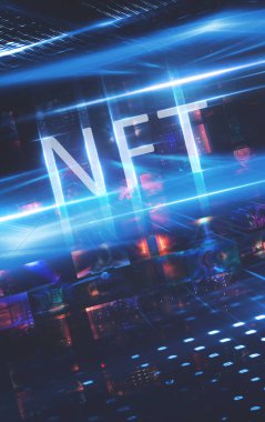 Kolaj NFT jetonuyla imzalandı. Soyut NFT kolajı. İLK 5000 GÜN İLK. Dijital sanat, üç boyutlu çizimler. NFT kavramı, ışık ışınları, mavi neon. 