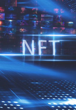 Kolaj NFT jetonuyla imzalandı. Soyut NFT kolajı. İLK 5000 GÜN İLK. Dijital sanat, üç boyutlu çizimler. NFT kavramı, ışık ışınları, mavi neon. 
