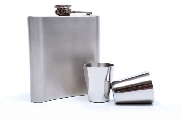 Hip flask and cups with white background — Stock Photo, Image