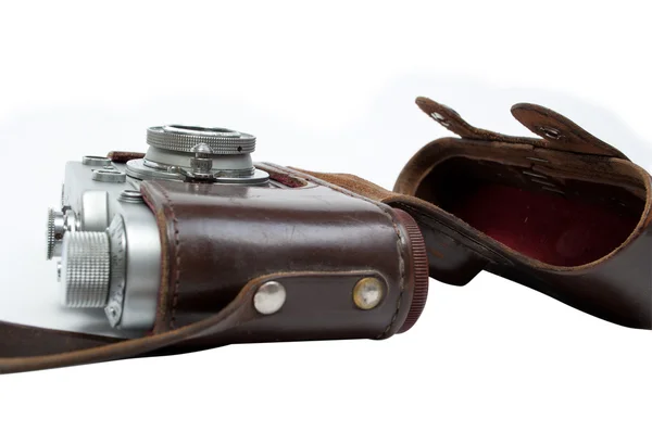 革ケースのレトロな photocamera。白のオブジェクト — ストック写真