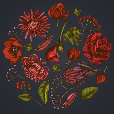 Koyu arkaplanda yuvarlak çiçek tasarımı Viburum, hypericum, lale, aster, lökosadendron, amilis