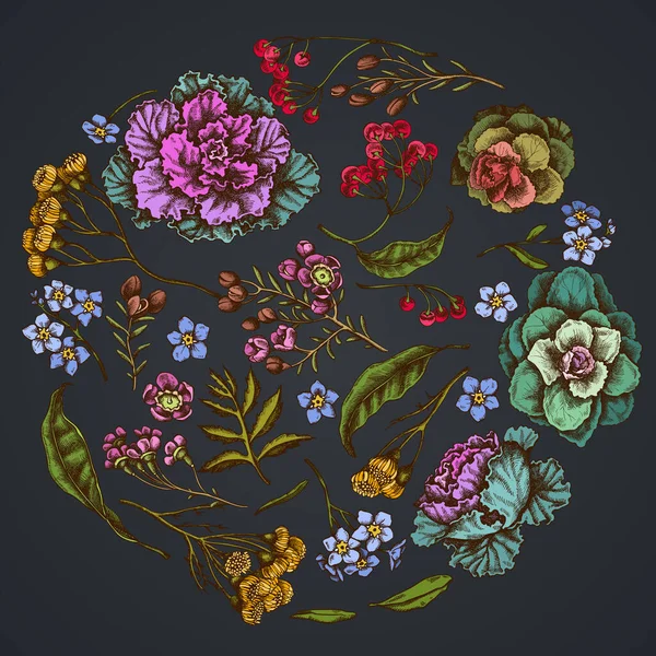 Круглий квітковий дизайн на темному тлі з восковою квіткою, забудьте мені не квітку, пижмо, палюзію, бразилію, декоративну капусту — стоковий вектор