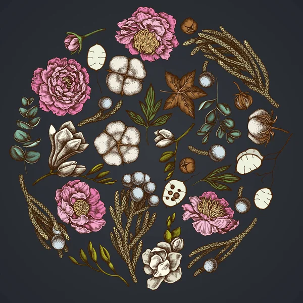 Design floral redondo em fundo escuro com ficus, eucalipto, peônia, algodão, freesia, morena — Vetor de Stock