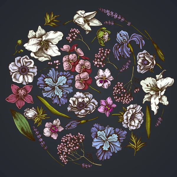 Круглий квітковий дизайн на темному тлі з анемоною, лавандою, вічним розмарином, фаленопсисом, лілією, ірисом — стоковий вектор