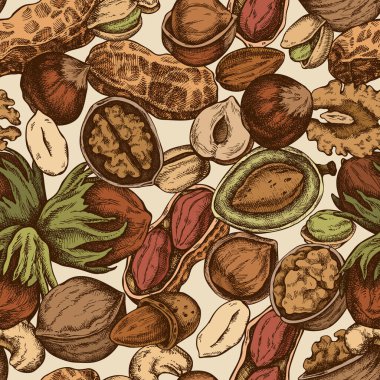 Kusursuz desenli, el çizimi kaju, fıstık, fıstık, fındık, badem, ceviz