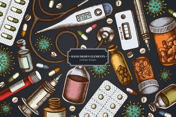 Koyu arkaplan üzerinde kan, hap ve ilaç şişesi, tıbbi termometre, koronavirüs hızlı testi, koronavirüs bakteri hücresi, stetoskop, şırınga, aşı içeren tasarım