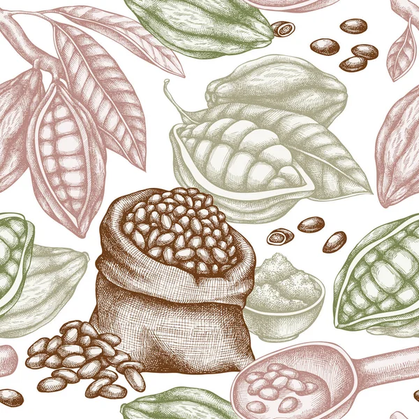 Patrón sin costura con granos de cacao pastel dibujados a mano, cacao — Vector de stock