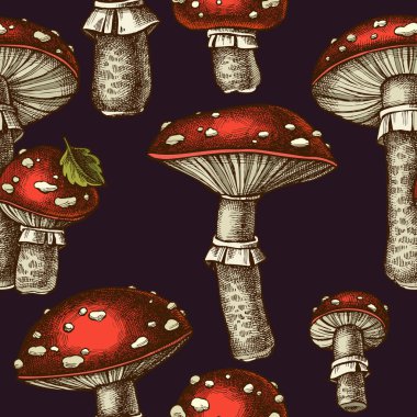 Forest mushrooms seamless pattern background design. Engraved style. Hand drawn fly agaric. clipart