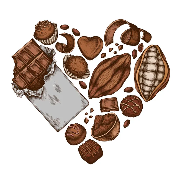 Дизайн серця з кольоровими какао-бобами, какао, шоколадом, шоколадними цукерками — стоковий вектор