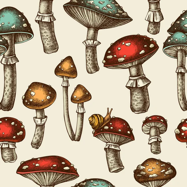 Лесные грибы бесшовный рисунок фона. Выгравированный стиль. Грибы ручные, мухомор агарический. Лицензионные Стоковые Иллюстрации