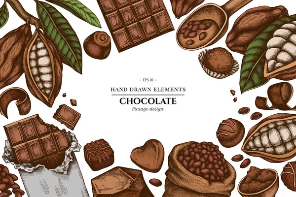 Diseño de elementos de color con granos de cacao, cacao, chocolate, caramelos de chocolate — Archivo Imágenes Vectoriales