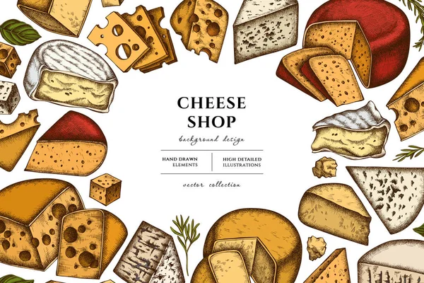 Cheese hand drawn illustration design. Background with retro brie, gouda cheese, roquefort, parmigiano reggiano, maasdam, gorgonzola, emmental. — Stock Vector