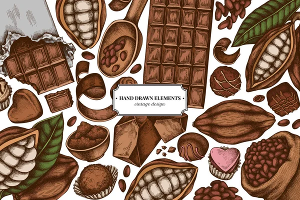 Ontwerp van gekleurde elementen met cacaobonen, cacao, chocolade, chocolade snoepjes — Stockvector