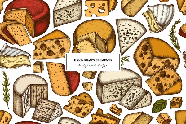チーズのシームレスなパターンの背景デザイン。刻まれたスタイル。手描きのブリー、グダチーズ、ロックフォール、パルミジャーノ・レッジャーノ、マサダム、ゴルゴンゾーラ、精神. — ストックベクタ