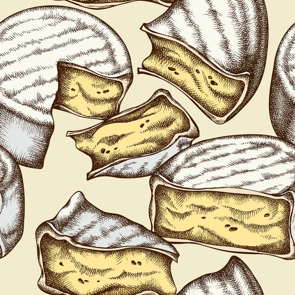 Diseño de fondo de patrón sin costura de queso. Estilo grabado. Brie dibujado a mano. Vector De Stock