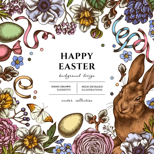 Easter hand drawn illustration design. Background with retro rabbit, eggs, willow branches, candies, shepherds purse, great orange-tip, anemone, viburnum, ranunculus, hyacinth, peony, forget me not — Stock Vector