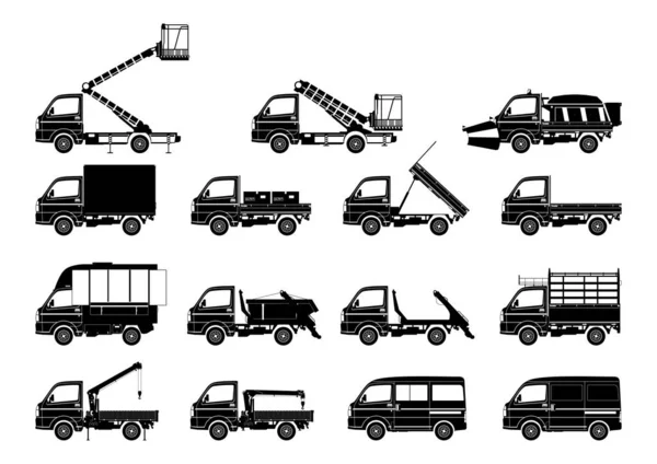Silhouetten Van Bedrijfsvoertuigen Een Stel Kleine Vrachtwagens Zijaanzicht Vlakke Vector — Stockvector