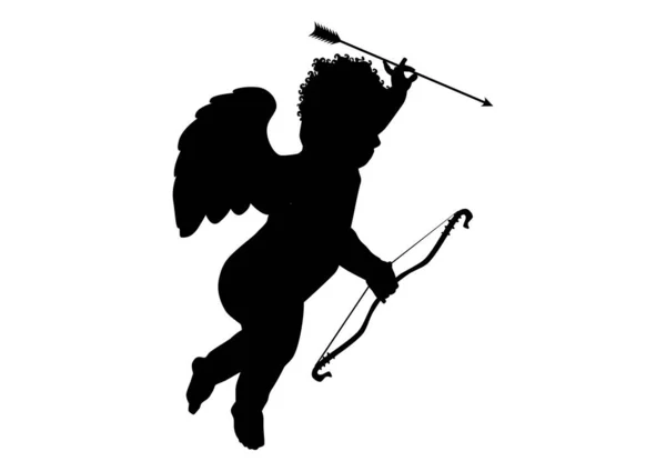 Cupid Silhouette Cupid Holding Bow Arrow Prepares Shoot Flat Vector — Stockový vektor