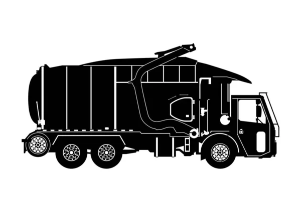 Front Loader Garbage Truck Silhouette Side View Modern Trash Truck — Stock Vector