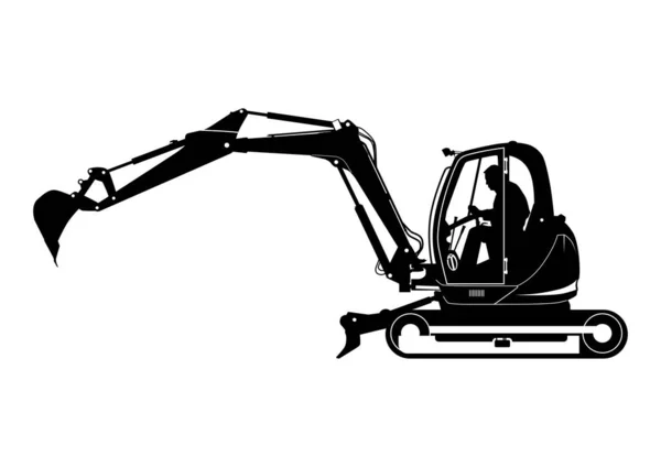 带司机的小型挖掘机的轮廓 跟踪微型挖掘机 侧视图 — 图库矢量图片