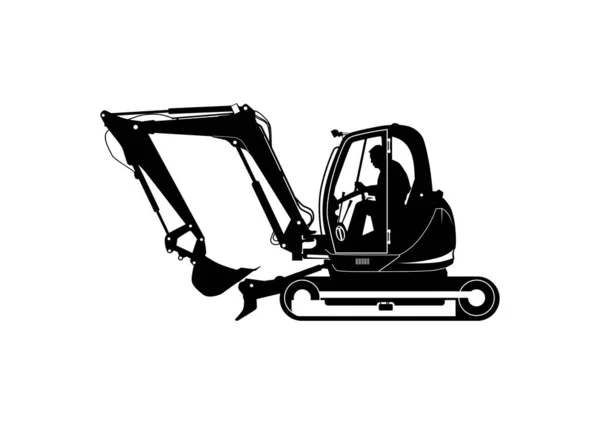 Silhouette Compact Excavator Driver Tracked Mini Excavator Side View Vector — Stock Vector