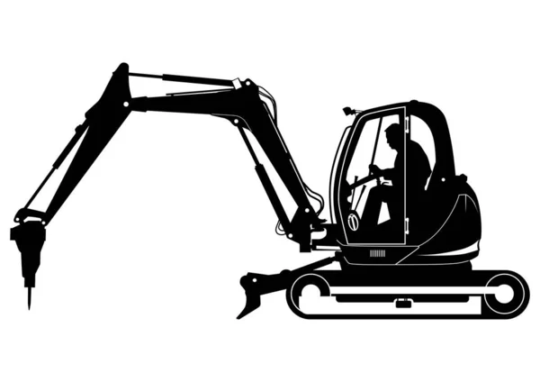 Siluetă Excavator Compact Întrerupător Hidraulic Mini Excavator Urmărit Vedere Laterală — Vector de stoc