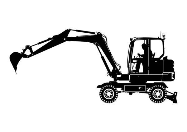 Silhouette Wheeled Excavator Driver Side View Vector — Stock Vector