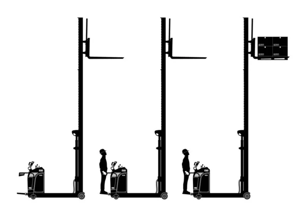 Silhouette Gerbeur Électrique Vue Latérale Chariot Élévateur Avec Conducteur Charge — Image vectorielle