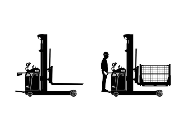 Elektrik Istifleyicisinin Silueti Sürücü Yükleme Ile Forklift Yan Görünümü Vektör — Stok Vektör