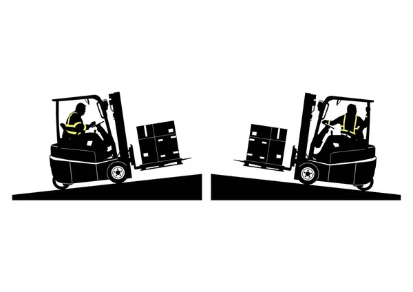 Yüklü Forklift Silueti Yamaçta Ilerliyor Vektör — Stok Vektör