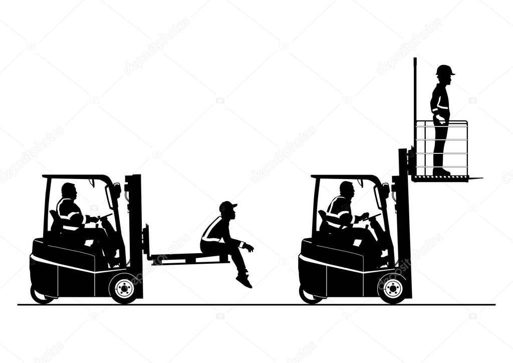 Forklift lifting people rules. Silhouette of a forklift with operators. Side view. Vector.