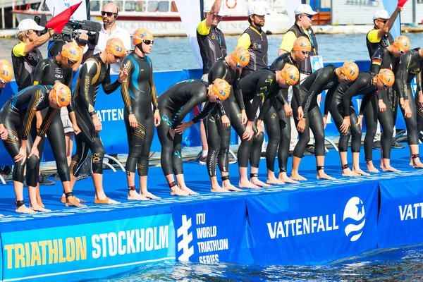 STOCKHOLM - AUG, 24: Just before the start and the triathletes is making themself ready for the swimming in the Womens ITU World Triathlon Series event Aug 24, 2013 in Stockholm, Sweden — Stock Photo, Image