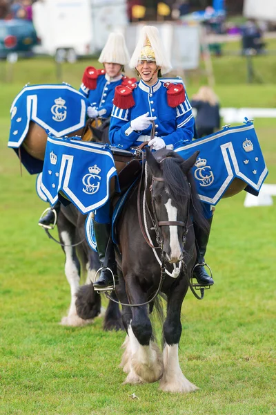 STOCKHOLM - SEP, 22: Tor y Oden los caballos de tambor salen de la arena en el evento de la Guardia Montada para el público en Ryttarstadion Sep 22, 2013 en Estocolmo, Suecia — Foto de Stock