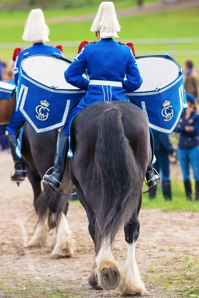 STOCKHOLM - SEP, 22 : Tor et Oden les chevaux de tambour quittent l'arène lors de l "événement La Garde montée pour le public à Ryttarstadion 22 sept. 2013 à Stockholm, Suède — Photo