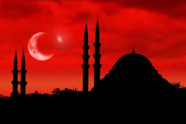 Mosque silhouette as the turkish flag during sunset clipart
