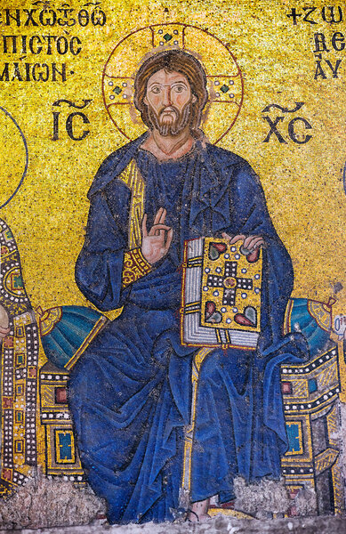 A Byzantine mosaic showing Jesus Christ is sitting on a throne decorated with jewels