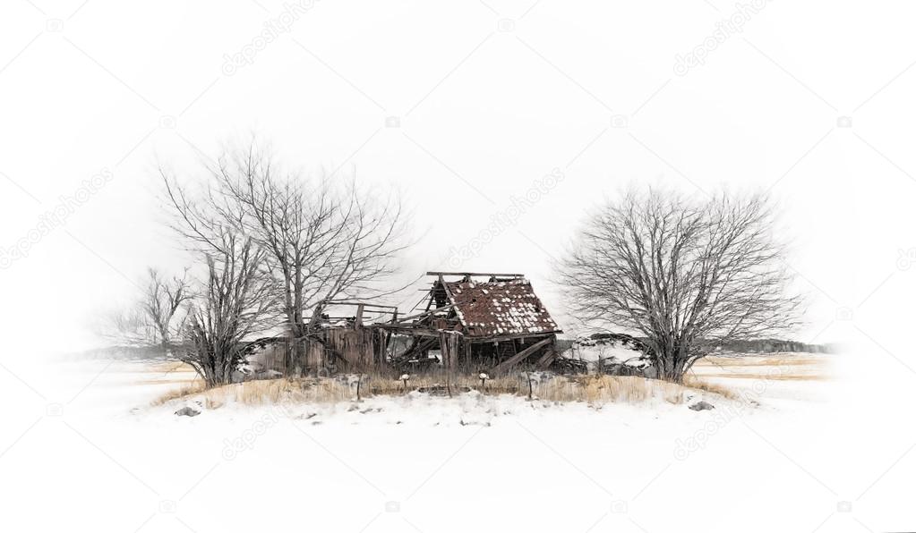 Abandoned barn on a hill