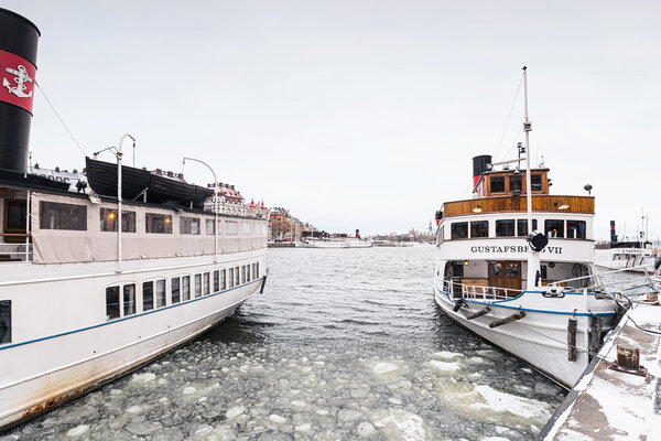 Vintage ship at quay during winter in Stockholm