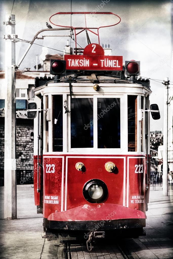 Red vintage tram in Istanbul with filter applied