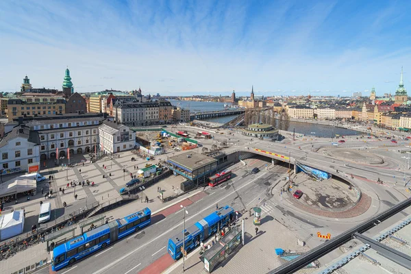 Letecký pohled na stockholm a ze Slussenu od katarinahissen — Stock fotografie