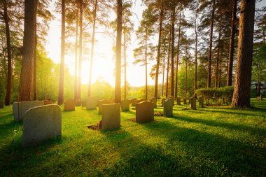 Graveyard in sunset with warm light clipart