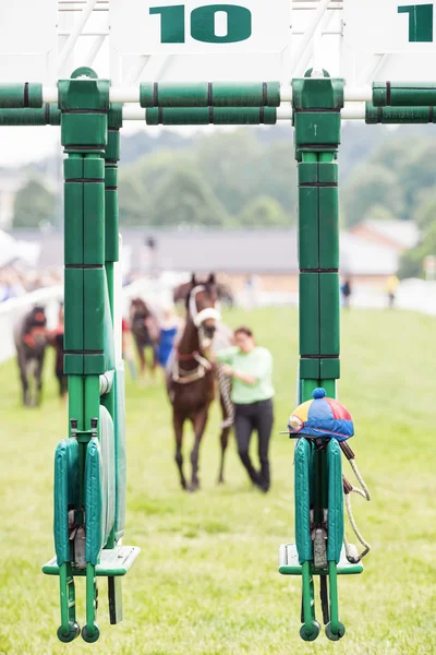 Starting grid with trainers showing the horses before the race i — Stock Photo, Image