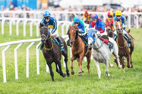 Group of jockeys out of the fourth curve at the Nationaldags Gal — Stock Photo, Image