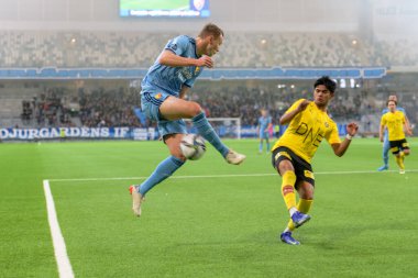 STOCKHOLM, SWEDEN - 12 Şubat 2022: Stockholm 'deki Tele2 Arena' da Djurgarden IF (DIF) ile Lillestrom SK arasında oynanan dostane futbol maçı. Nihai sonuç 1-0
