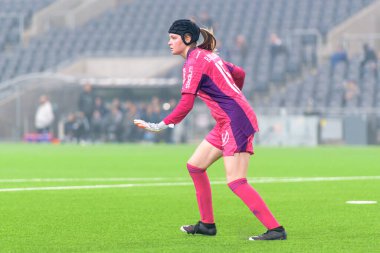 STOCKHOLM, SWEDEN - 12 Şubat 2022: Stockholm 'de Tele2 arenasında DjurGardens IF (DIF) ile IFK Kalmar arasında oynanan dost canlısı bayan futbol maçı. Son sonuç 1-1