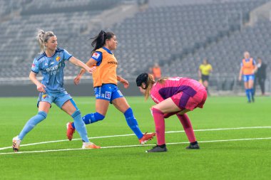 STOCKHOLM, SWEDEN - 12 Şubat 2022: Stockholm 'de Tele2 arenasında DjurGardens IF (DIF) ile IFK Kalmar arasında oynanan dost canlısı bayan futbol maçı. Son sonuç 1-1