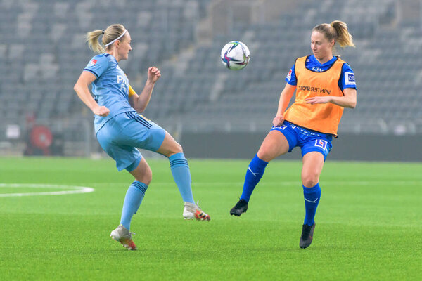 STOCKHOLM, SWEDEN - FEB 12 2022: Friendly women soccer game between Djurgardens IF (DIF) vs IFK Kalmar at Tele2 arena in Stockholm. Final result 1-1